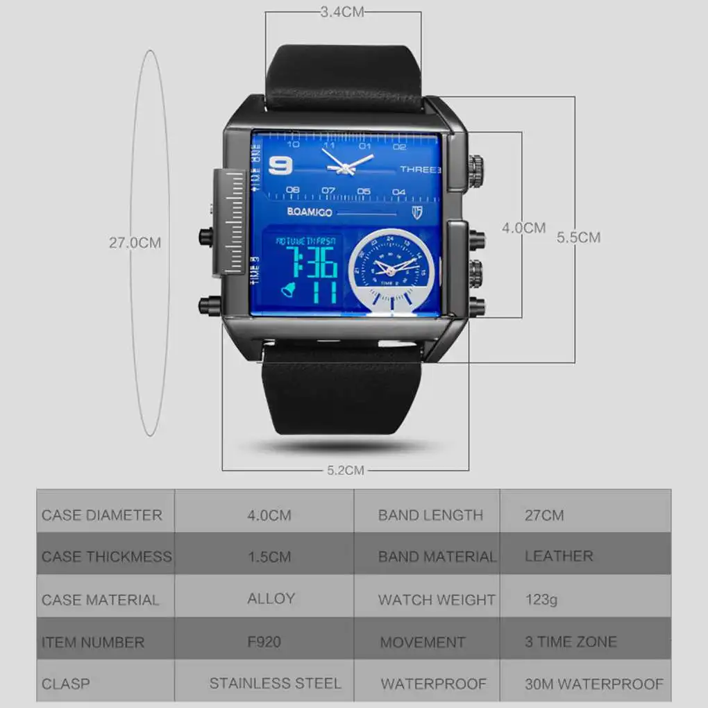 Модные мужские спортивные часы BOAMIGO для мальчиков, 3 часовых пояса, кожаные прямоугольные мужские часы, цифровые наручные часы