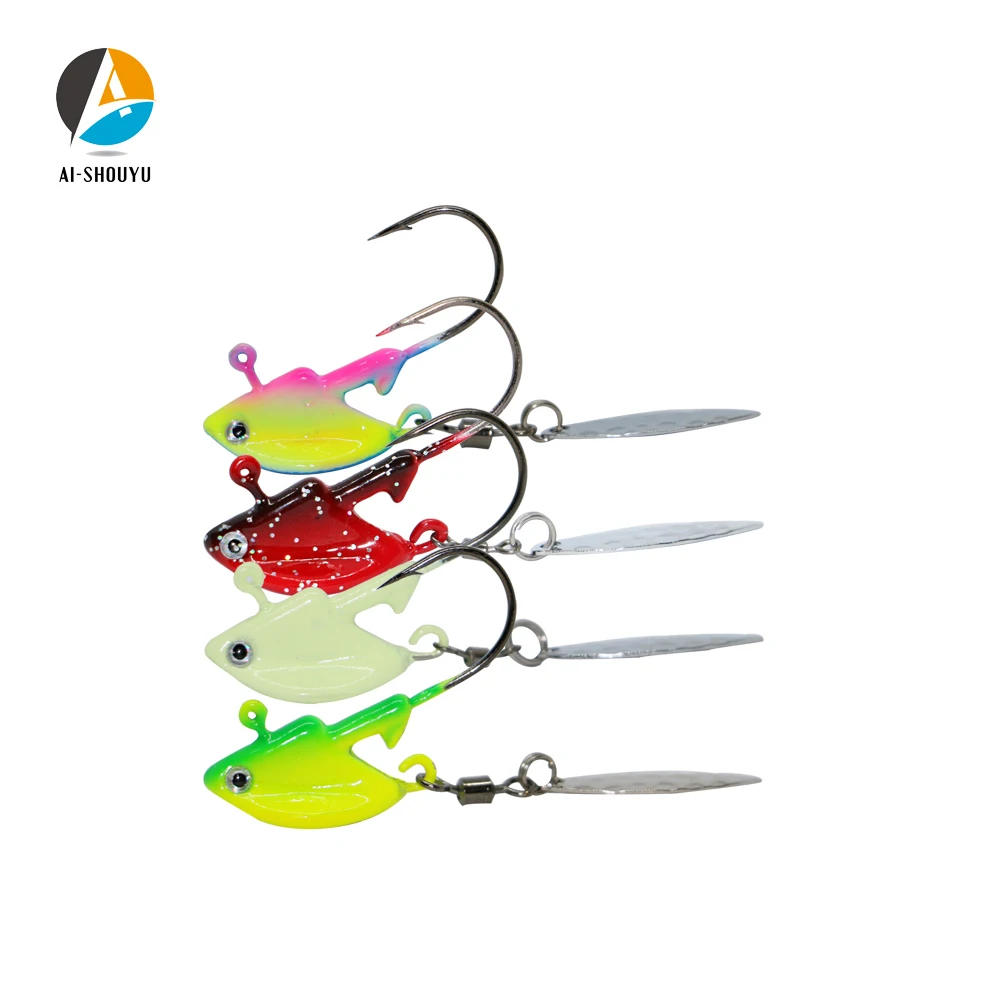 

AI-SHOUYU 4pcs/lot Fishing hooks 3.5g/7g/10g/14g Lead Head Hook with Spinner Spoon Fish Lifelike Jig Head Hook Fishing Tackle