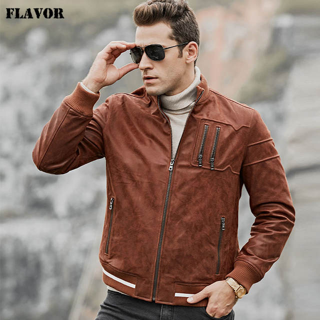 Men’s Real Leather Jacket Men Pigskin Slim Fit Leather Coat with Standing Collar Rib Cuff