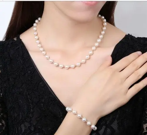 

19" classic ++ 5.5-6 mm round south sea white pearl necklace 18"&bracelet 7.5-8" (0926)