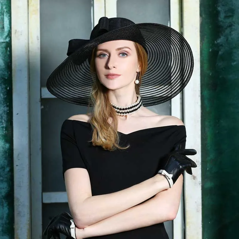 Balck Straw Hat FS летняя шляпа женская пляжная Солнцезащитная шляпа с бантом элегантная большая Панама с широкими полями шляпы черный церковный козырек флоппи Федора Chapeau Femme - Цвет: Balck Straw Hat