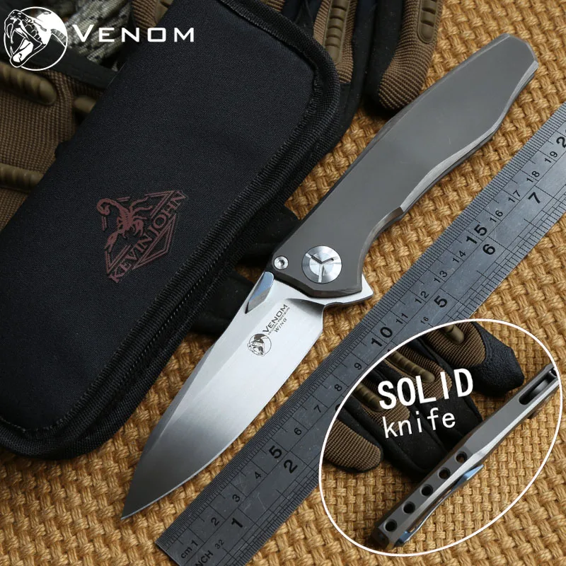 VENOM 4 Wing Kevin John M390 SOLID Titanium Flipper folding knife ceramic ball bearing camping Drills