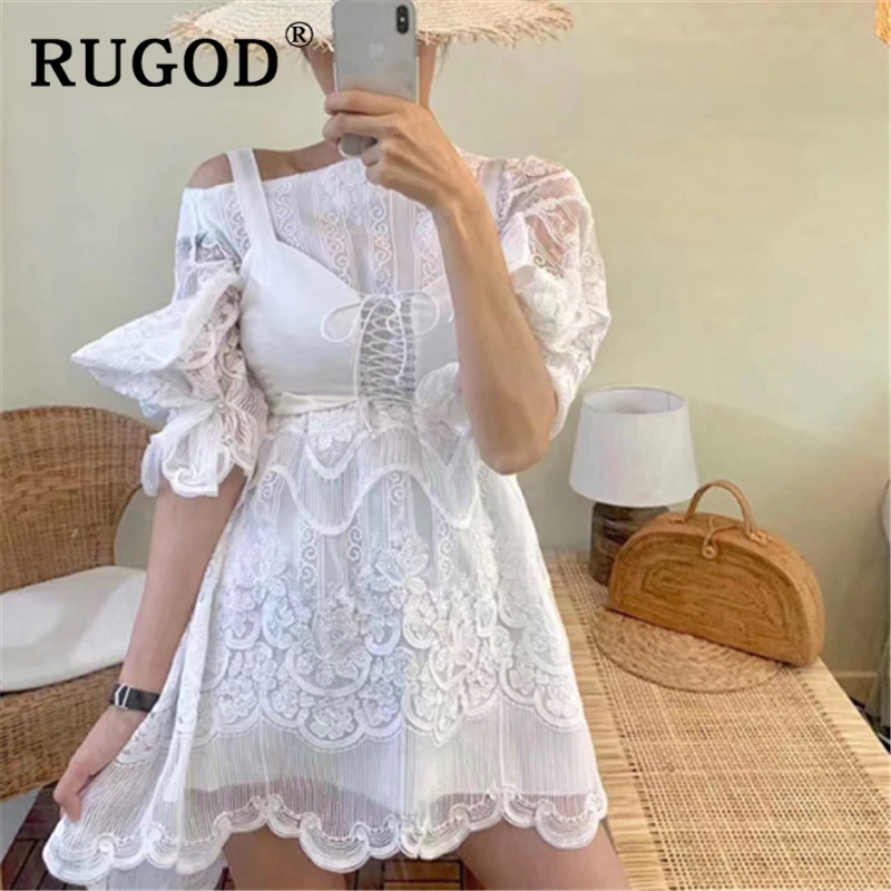 RUGOD корейское Белое Женское платье с вышивкой винтажное женское миди открытыми