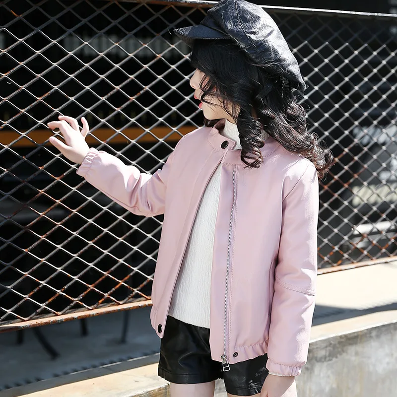 Новая Корейская повседневная куртка однотонный топ для девочек с двумя пряжками, воротник, мотоциклетная кожаная детская одежда красный, розовый, черный - Цвет: 3