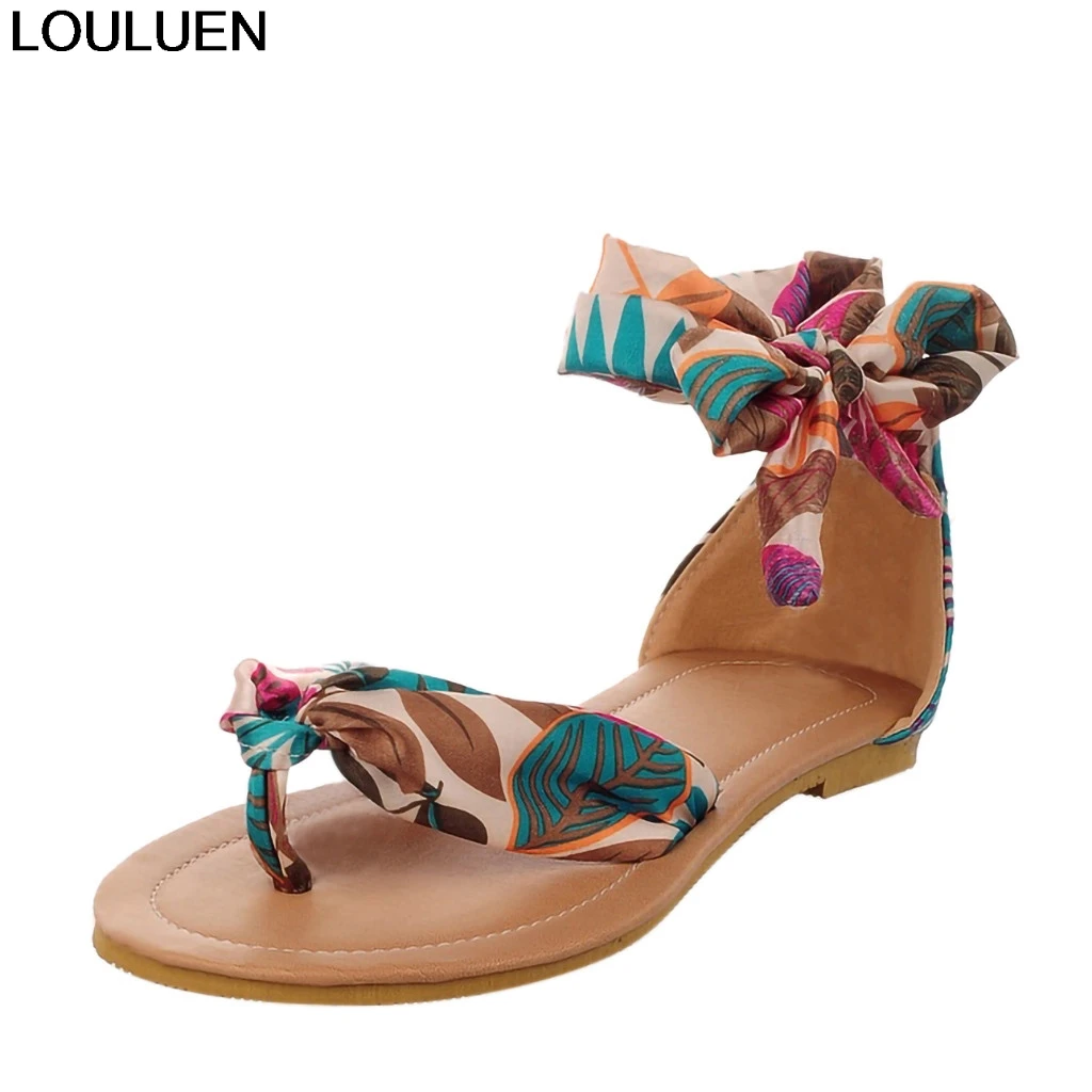 LOULUEN Shoes Women Bohemia Style Sandals Flat Lace Up Flats Beach ...