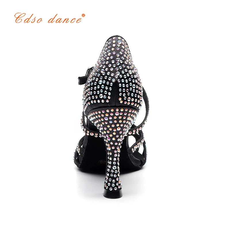 Cdsodance female black satin Latin dance shoes women's Rhinestones Salsa party Wedding shoes10cm high heeled soft outsole