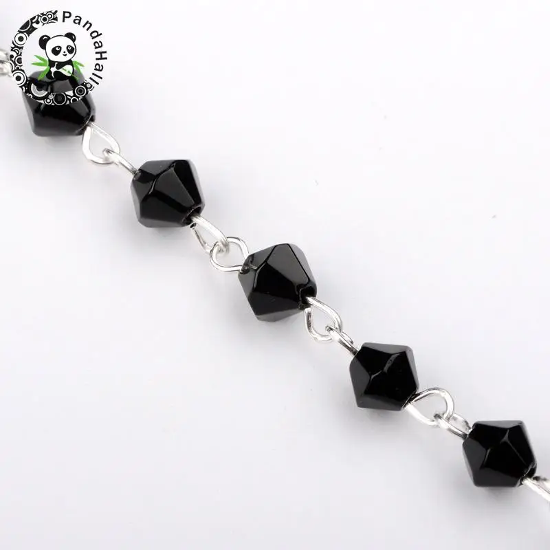 6 мм ручной работы Bicone стеклянные бусины цепи Для Neckalces изготовление браслетов, с серебряными железные глазки, черный, 39," ; бусины: 6 мм