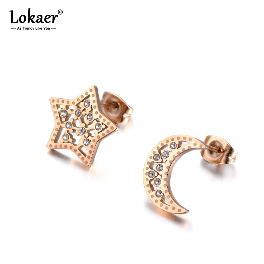 

Lokaer Trendy OL Style Stainless Steel CZ Crystal Star Moon Stud Earrings Sparkl Anniversary Earrings Jewelry For Women E19093