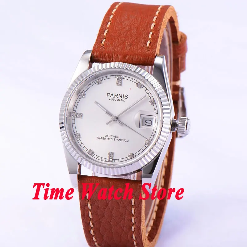 

Parnis 36mm Unisex Automatic Mechanical Men's Watch Miyota 821A Movement Silver Dial Date Cyclops Sapphire Crystal Leather Strap