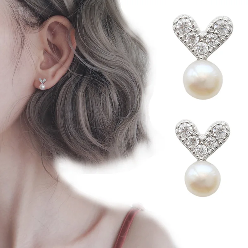 Lovely Zircon Stud Earrings for Women Imitation Pearl Earrings Love