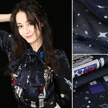 

Sky and Stars Print Dark Blue Solft Thin Silk Georgette Stretch Smooth Silk Satin Fabric for Summer Dress Shirt Scarf DE562