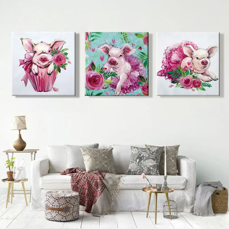 

Color red pig and flower combination acrylic own color conversion oil painting paint by numbers