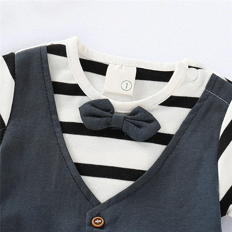 Infant Baby Boys Short Sleeve Gentleman Bow Tie Striped Print Romper Jumpsuit  (4)