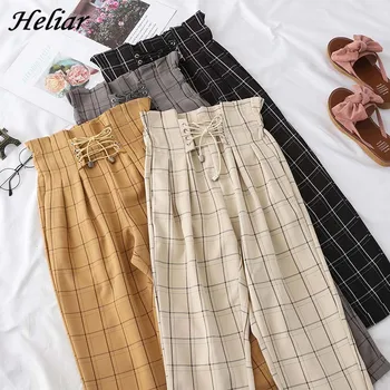 

HELIAR Plaid Long Pants Female Autumn Casual Free Size Straigt High Waist Halter Pants Skinny Fashion Trousers For Women Pants