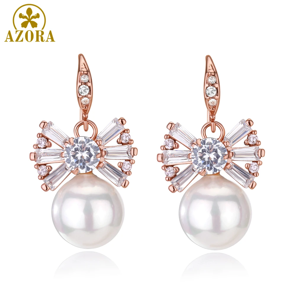 AZORA Simulated Pearl Earring Dangle Drop Rose Gold Color Bowknot Earrings Clear Cubic Zirconia Fashion Jewelry for Women TE0332