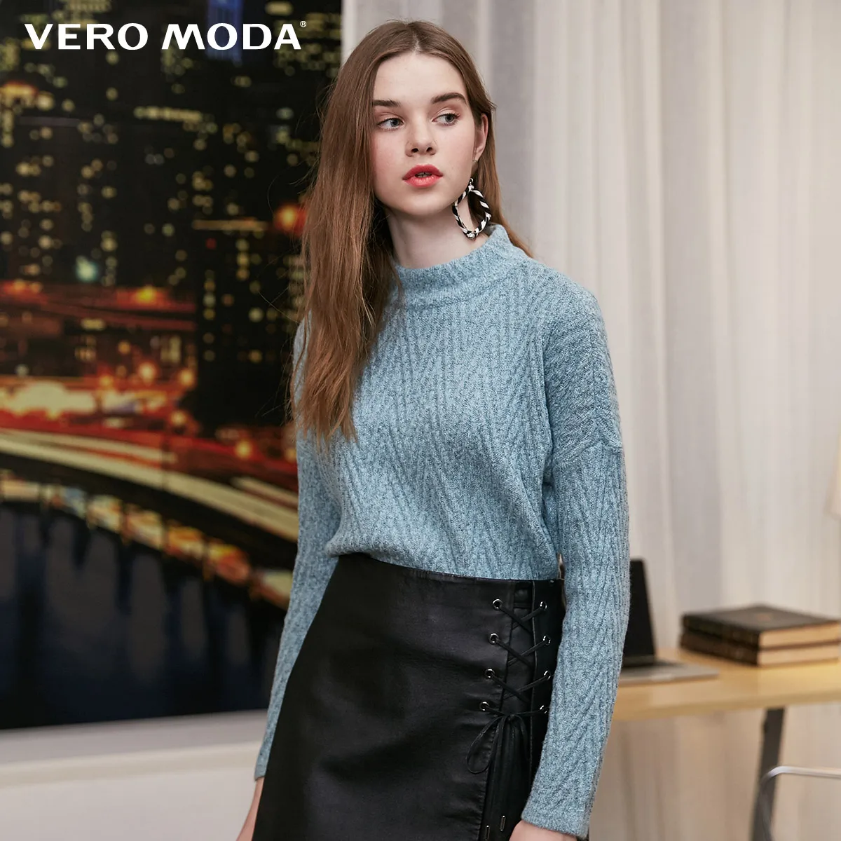 Cruise blue mel. Vero Moda новые женские свитер женский ребристые круглый вырез водолазка нерегулярные подол чистый трикотаж | 318413614 - Цвет: Cruise blue mel.