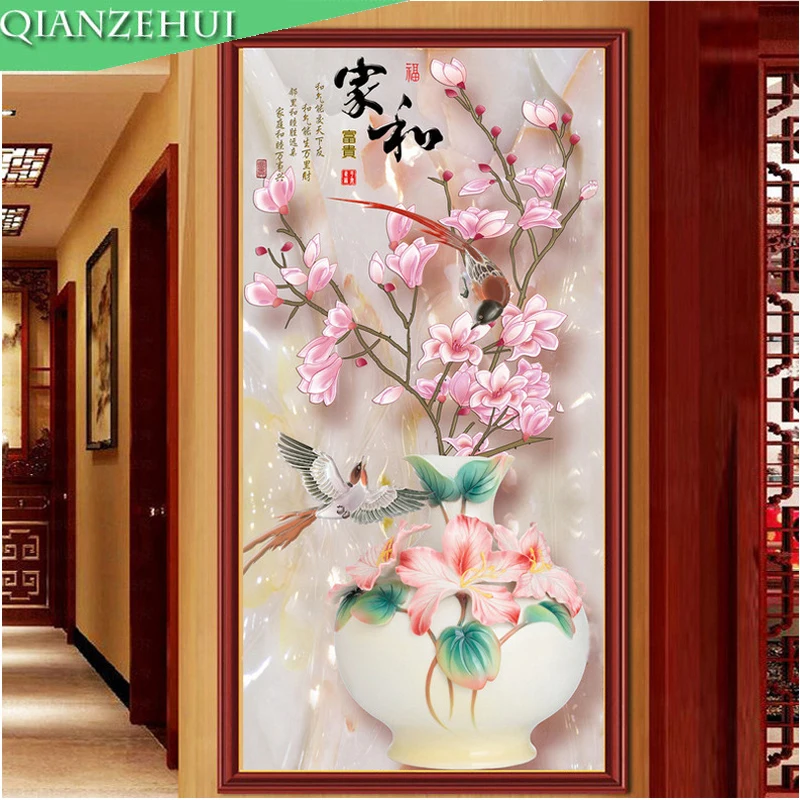 

QIANZEHUI,DIY Diamond Embroidery,Round Diamond rich magnolia vase Full rhinestone Diamond painting cross stitch,needlework