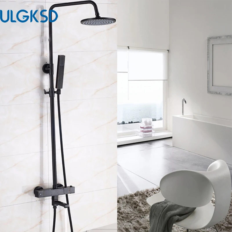 

ULGKSD LED 8'' Bathroom Thermostatic Shower Faucet Rain Shower Head Tub Filter Black Hand Shower Hot and Cold Water Mixer Taps
