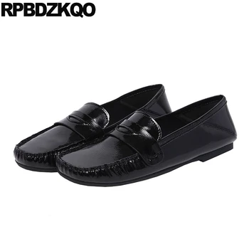 

women flats patent leather chic british style designer shoes china black square toe chinese moccasins loafers slip on ladies
