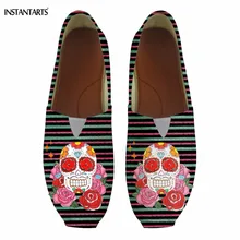 INSTANTARTS/Женская обувь в стиле панк, с 3D сахарным черепом, с цветочным рисунком, без застежки, из хлопка; женские лоферы с квадратным носком на плоской подошве; прогулочная обувь