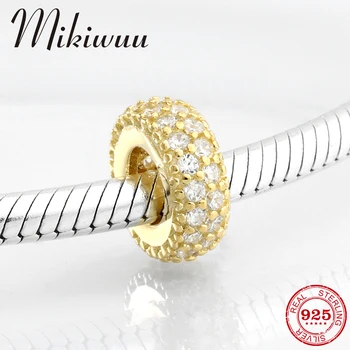 

Real 925 Sterling Silver Gold color CZ round DIY spacer beads Jewelry making Fit Original Pandora Charm Bracelet