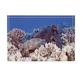 

Ocean Animals Decor, Two Green Sea Turtles on a Bed of Coral Bath Rugs, Non-Slip Funny Indoor Outdoor Doormat