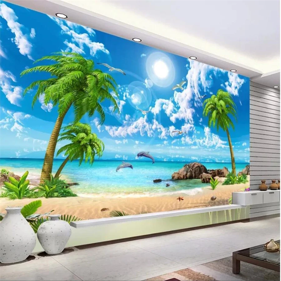 

wellyu Custom fresco wallpaper 3D mural обои beautiful fantasy sea view coconut trees beach scenery sofa background wall paper