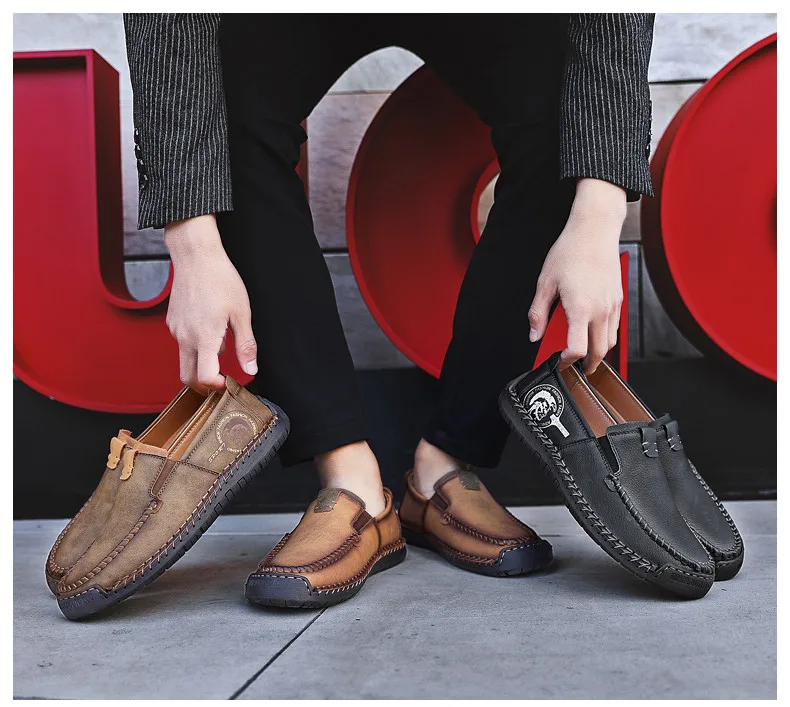 Новые модные стильные кожаные весенние повседневные туфли; Мужская обувь; винтажные Лоферы ручной работы на плоской подошве; Лидер продаж; мокасины; большие размеры 38-48