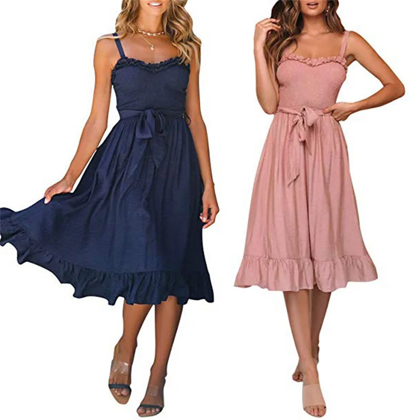 

Women Summer Dress Ladies Sexy Soild Bow Tie Off Shoulder Dress Sleeveless Sling Bodycon Ruffle Female Dresses