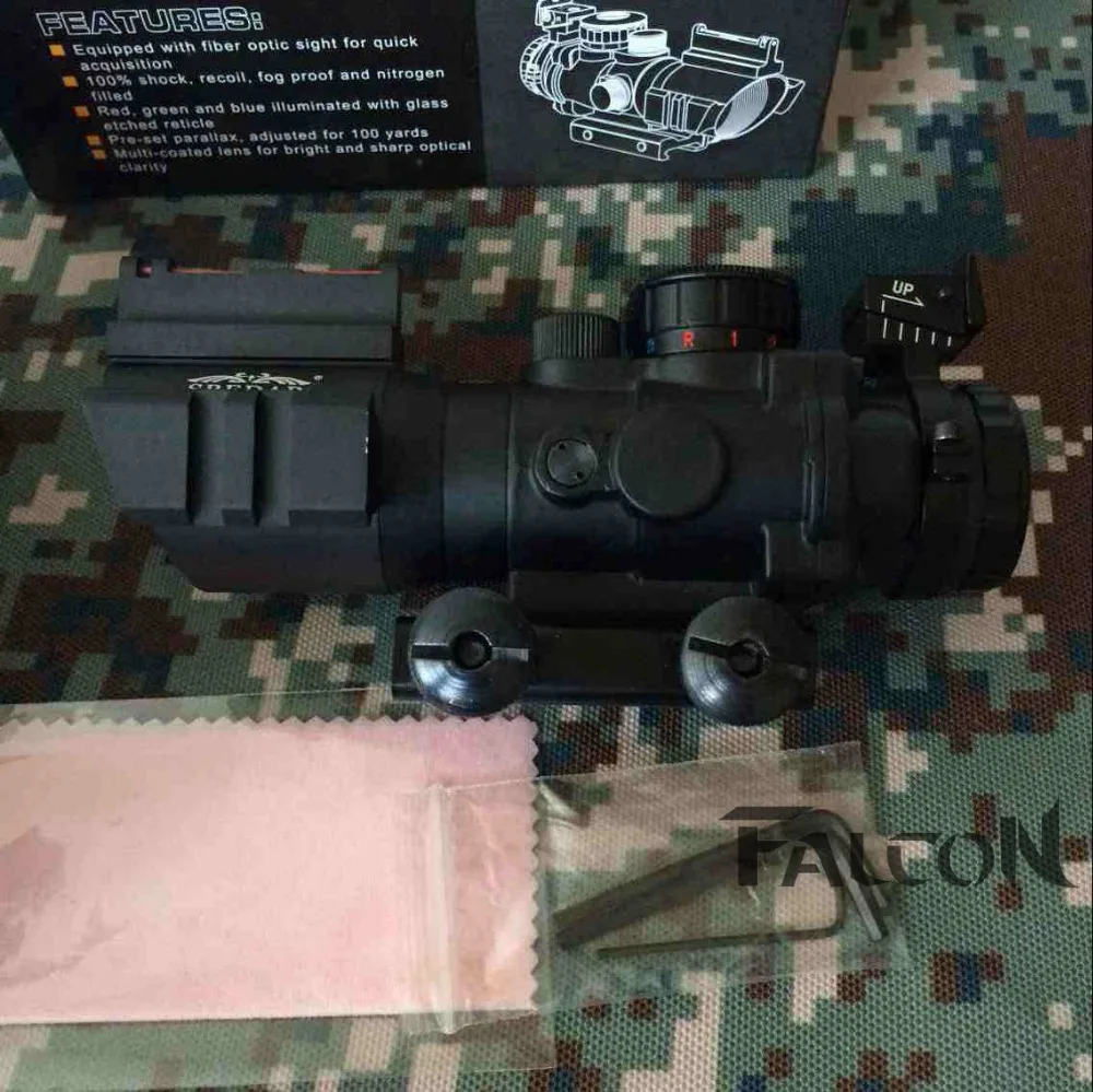 Hunting optics goliath 4x32 tactical compact riflescope fiber optics sight tri-verlichting chevron reticle m4 ar15. 223 scope