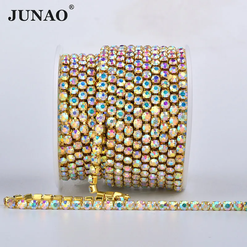 JUNAO SS6 SS10 SS16 SS18 Швейные серебряные стеклянные стразы, отделка цепи AB хрустальные камни аппликация плотная окантовка стразами для одежды