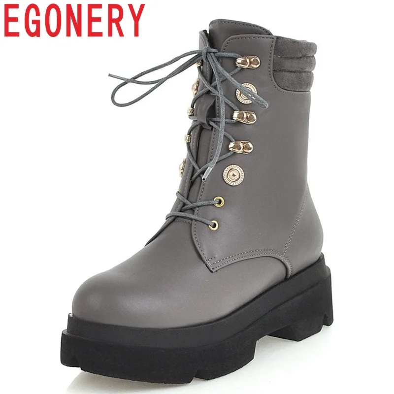 

EGONERY women shoes 2018 winter warm new concise casual high square heel platform round toe lace-up black and grey ankle boots