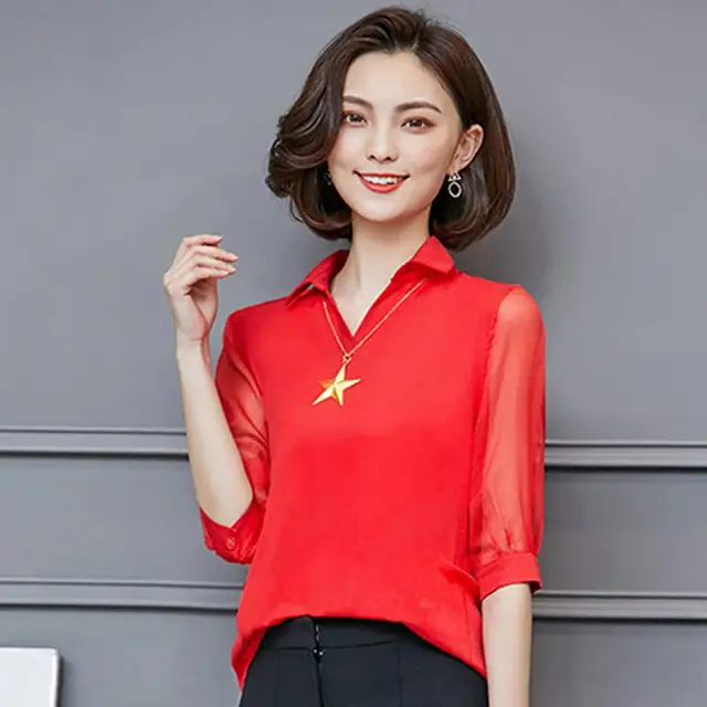2018 New Arrival Women Summer Blouses Work Wear Office Shirts Turn Down