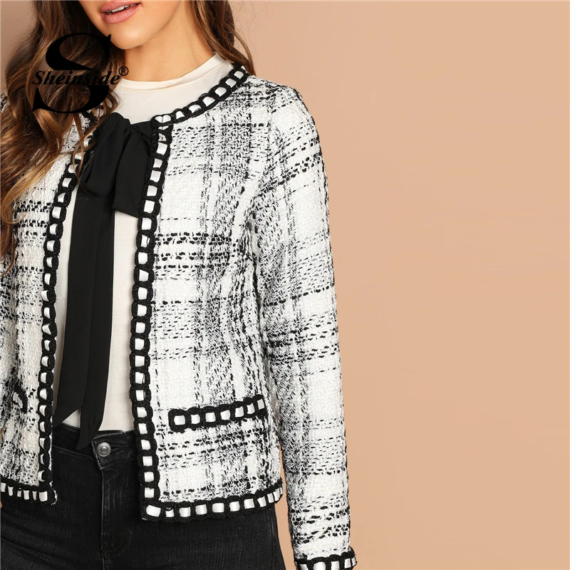 Best  Sheinside Tie Neck Whipstitch Detail Tweed Coat Women Autumn Jacket Black and White Elegant Outerwe