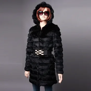 

Fur Story 151255A New ariival Warm Winter Women's Real Rabbit Fur Coat Real Fur Overcoat with Big Hoodie Outwear