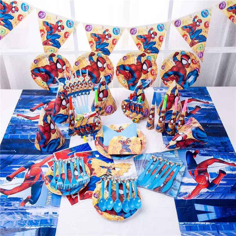 

Spiderman Birthday Party Supplies Disposable Paper Cup Plates Napkins Banner Tablecloth Baby Shower Superhero Party Decorations
