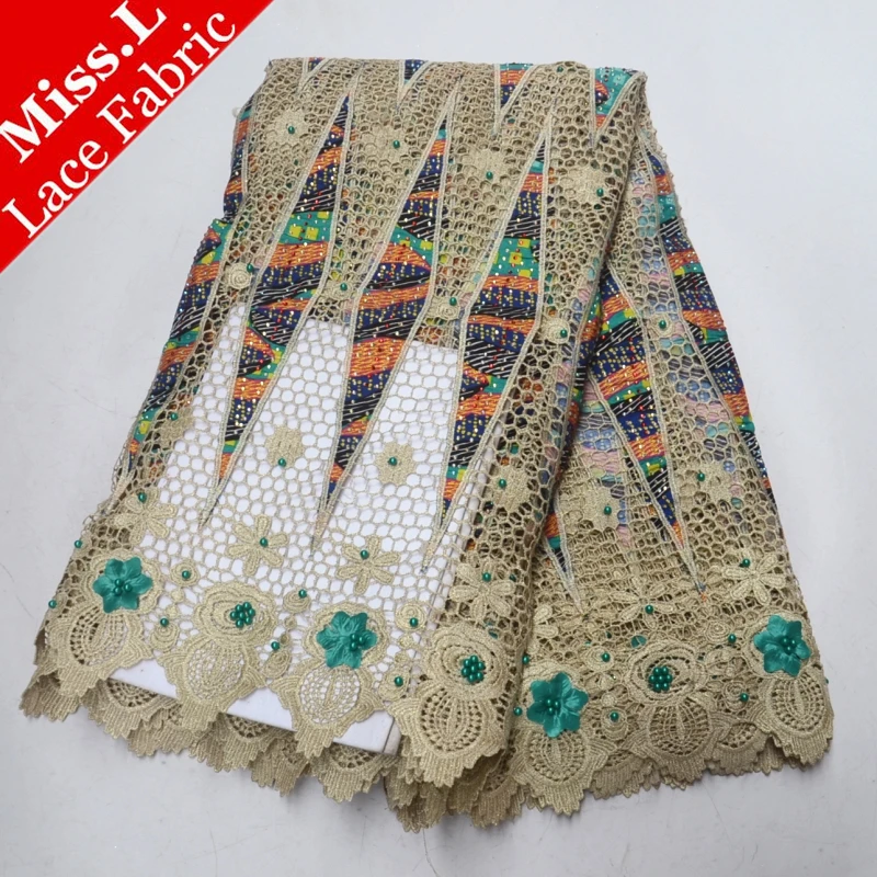 

Latest product African Ankara Wax Lace fabric Embroidery with Beads and Stones high quality 5 Yards/pcs For Sewing dress,Clothes