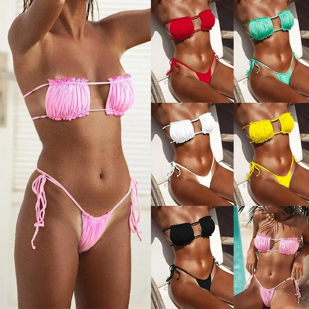

Sexy Women Solid Color Pleated Bandage Bikini Set Swimsuit Two-piece Swimwear