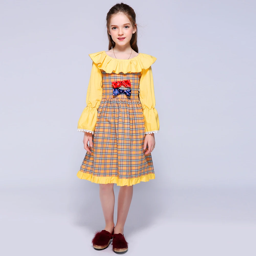 Kseniya Kids Girls Floral Dresses Petal Sleeve Lace Bow Applique Plaid Girl Party Dress