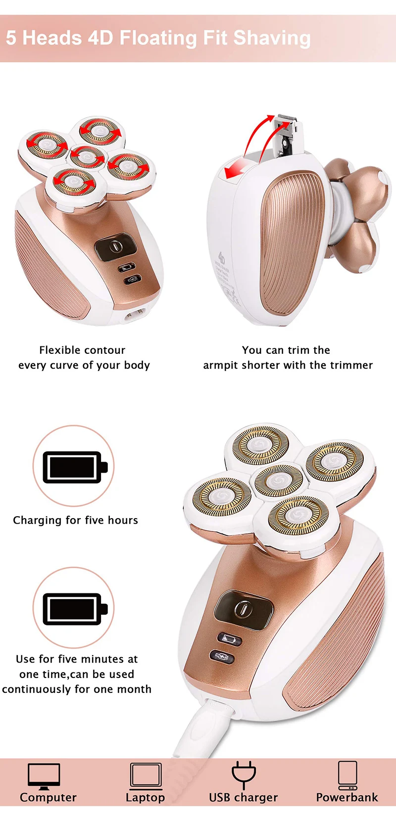 Электробритва SONAX PRO с 5 головками для женщин, бритва, безболезненная Бритва для женщин, триммер для бикини, машинка для бритья с быстрой зарядкой от USB