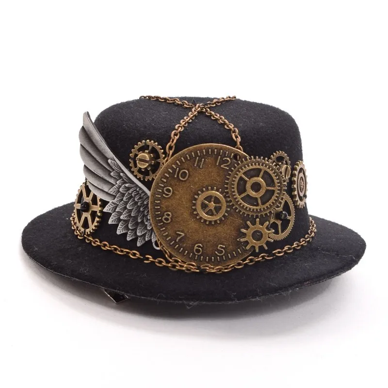 Retro Викторианский стимпанк Mini Top Hat зажим для волос Готическая Gears Wing цепи головной убор