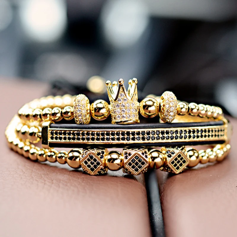 

OIQUEI 3pcs/set Luxury Jewelry Bracelet Men Cubic Zirconia Imperial Crown Polygon Tube Beads Braided Macrame Bracelets Pulseira