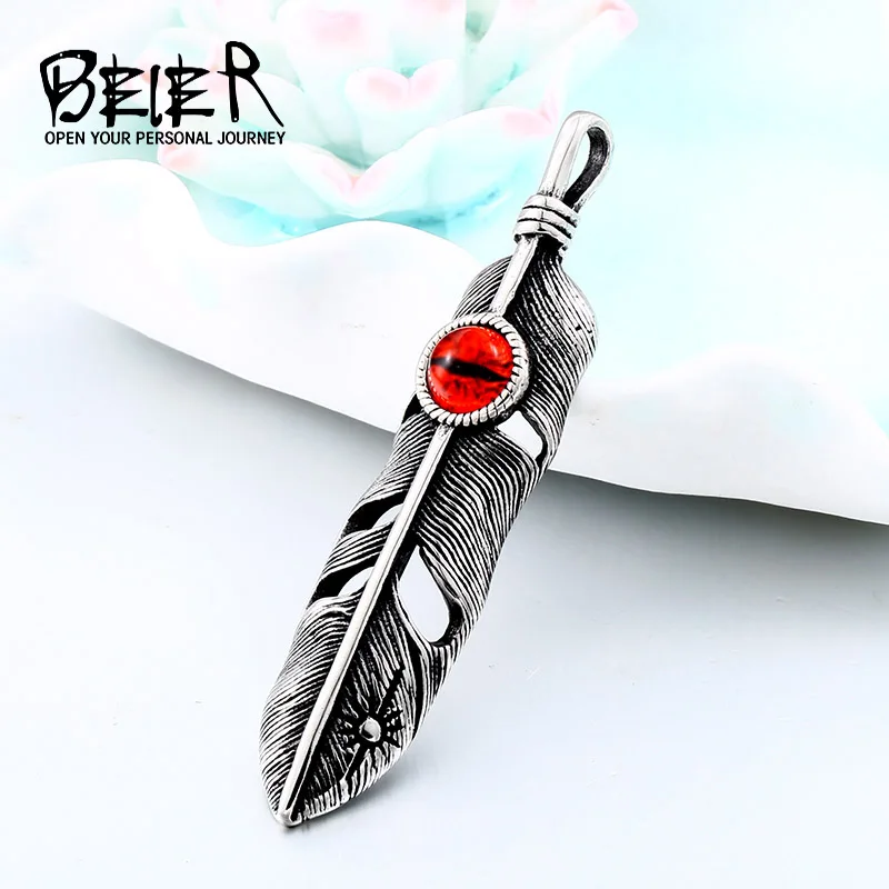 BEIER Stainless Steel Retro Feather with Red evil eye charm Pendant Necklace Vintage Leaf Jewerly for men women gift LHP028 | Украшения и