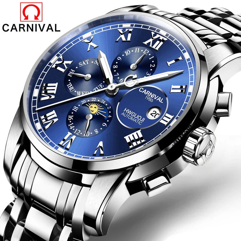 

Carnival Watch Men Moon Phaes Automatic Mechanical Silver Stainless Steel Waterproof multifunction Blue Dial Watches 40MM