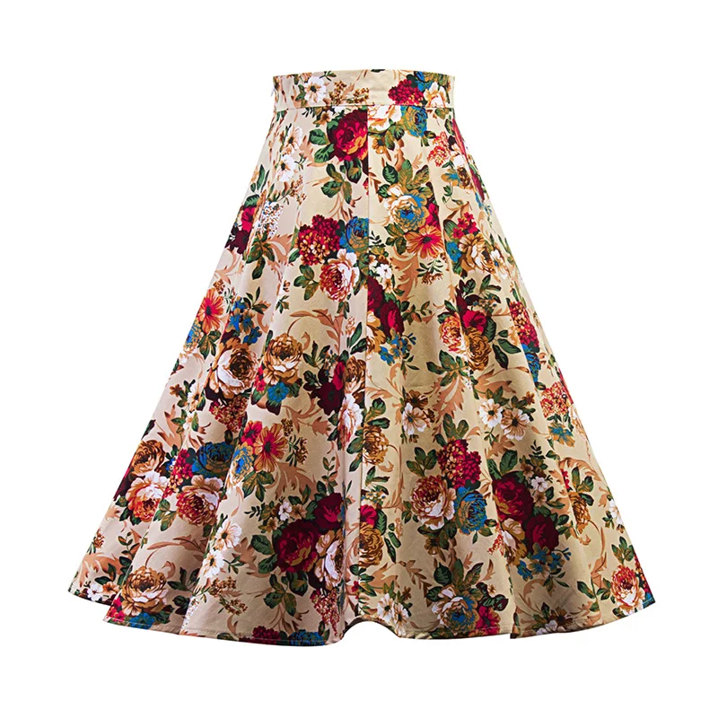 Kostlich 2017 New Summer Skirts Womens Print Floral High Waist 1950s 60s Vintage Midi Skirt Casual A-Line Big Swing Women Skirt (10)