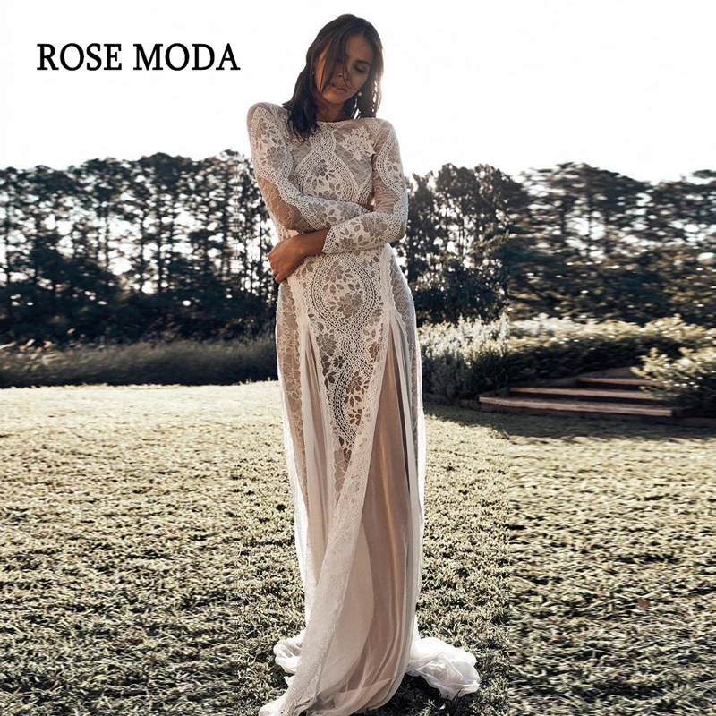 Rose Moda роскошное с длинными рукавами кружевное свадебное платье в стиле бохо с открытой спиной пляжные свадебные платья на заказ