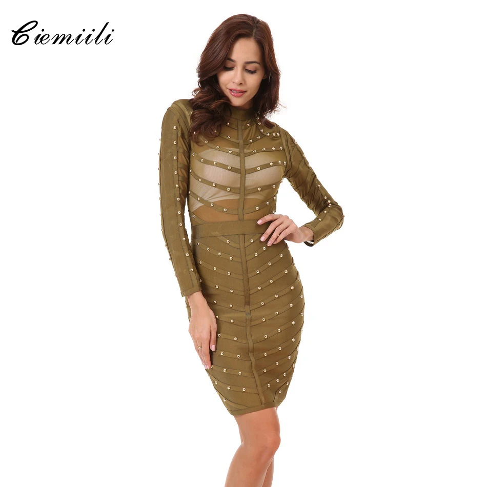CIEMIILI 2018 النساء مثير مساء حزب Bodycon اللباس شبكة الركبة طول المشاهير طويل كم ضمادة اللباس Vestidos شحن مجاني
