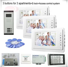 3 Buttons Color Video Door Phones Intercom Systems 3 LCD Security Doorbell for 3 Apartments +Access Control System+E-lock