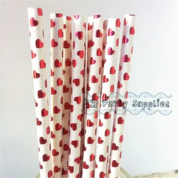 

Free Shipping 300pcs Foil Red Heart Party Paper Straws Valentine's Day Radiant Metallic Red White Love Hearts Drinking Straws