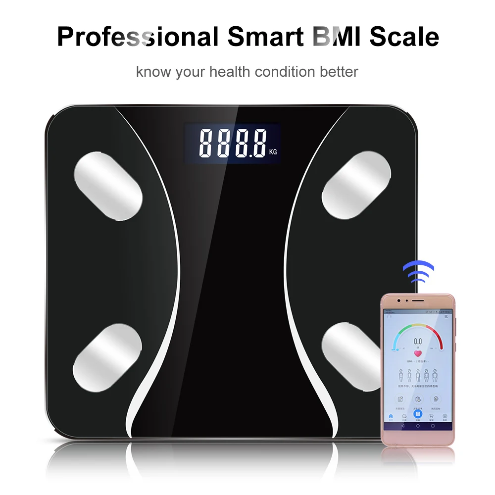 

Smart BMI Scale BT Connection Fat Scale Body Fat Weight Composition Scale Monitor with Smart Phone App & 22 Item Data Black